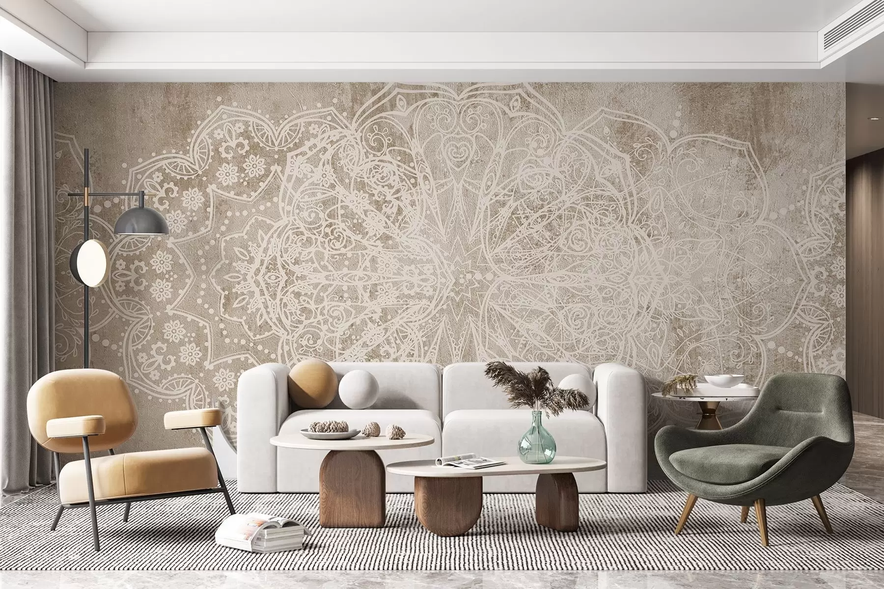 Fototapet Detailní, složitý bílý krajkový vzor mandaly na texturovaném béžovo-hnědém pozadí stěny v podkroví w08387v1