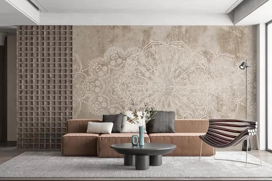 Fototapet Detailní, složitý bílý krajkový vzor mandaly na texturovaném béžovo-hnědém pozadí stěny v podkroví w08387v1