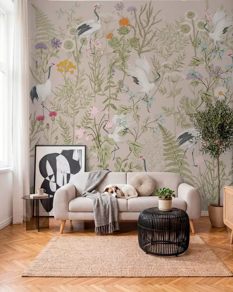Fototapet Elegantní jeřábi mezi živými květy w00380