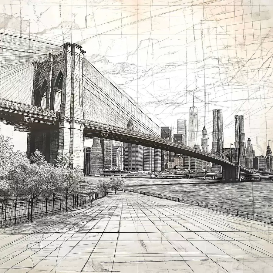 Fototapet Panorama Brooklynského mostu vytvořené skicovitou retro technikou s čarami a škrábanci w01961