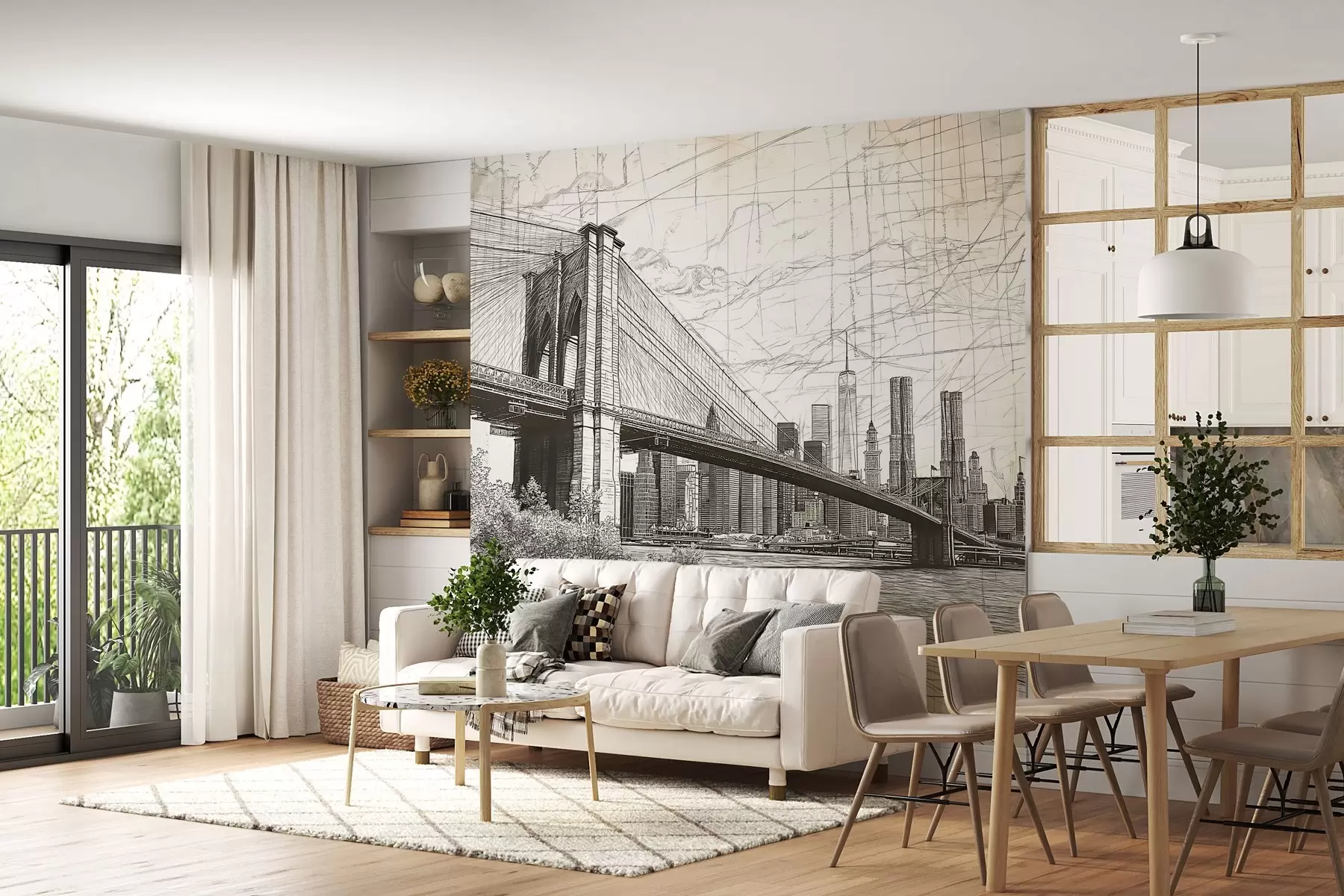 Fototapet Panorama Brooklynského mostu vytvořené skicovitou retro technikou s čarami a škrábanci w01961