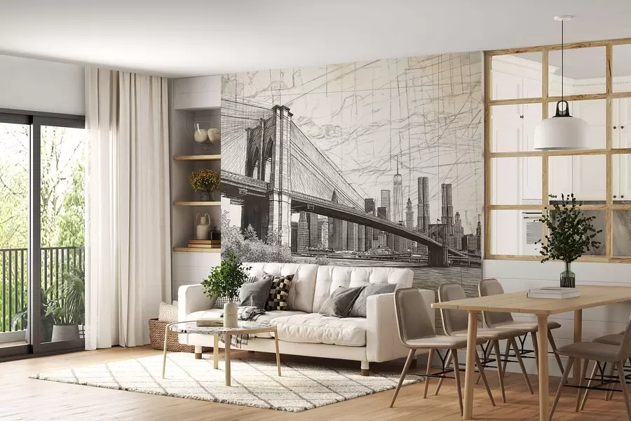 Fototapet Panorama Brooklynského mostu vytvořené skicovitou retro technikou s čarami a škrábanci w01961
