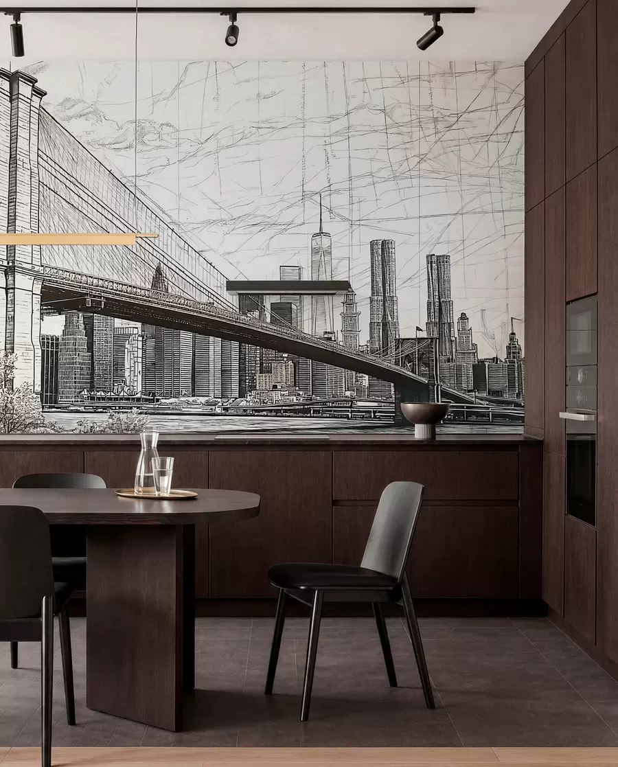 Fototapet Panorama Brooklynského mostu vytvořené skicovitou retro technikou s čarami a škrábanci w01961
