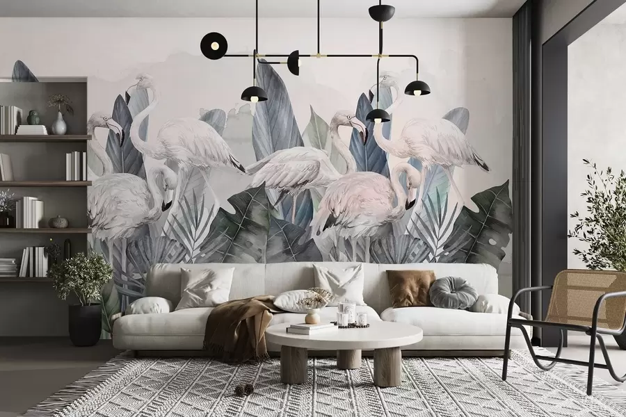 Fototapet Elegantní plameňáci mezi bujnou zelení w00505v2
