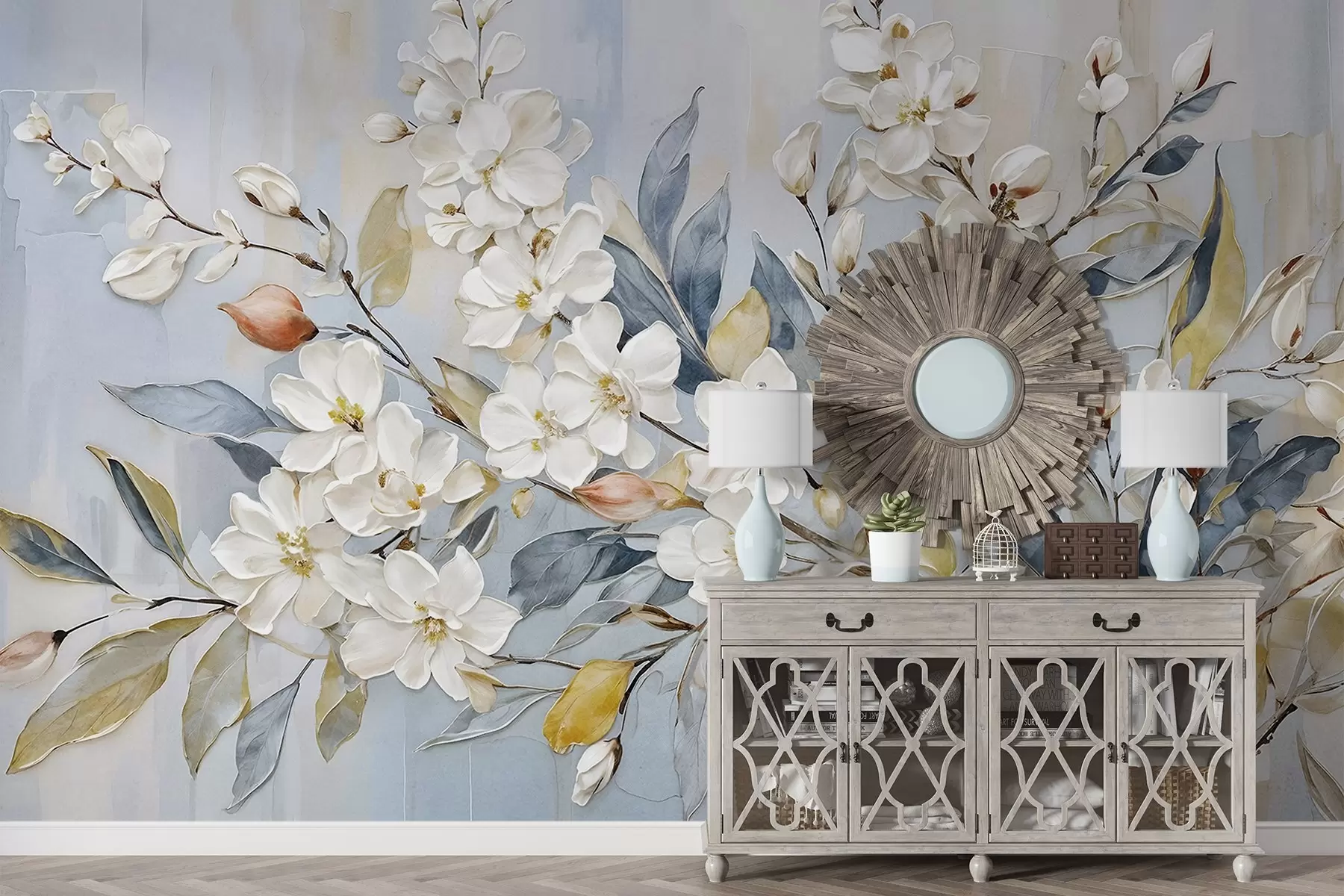 Fototapet Květinové pastelové jemné bílé květy se žlutými středy, obklopené svěžími zelenými listy a větvemi w08399v1