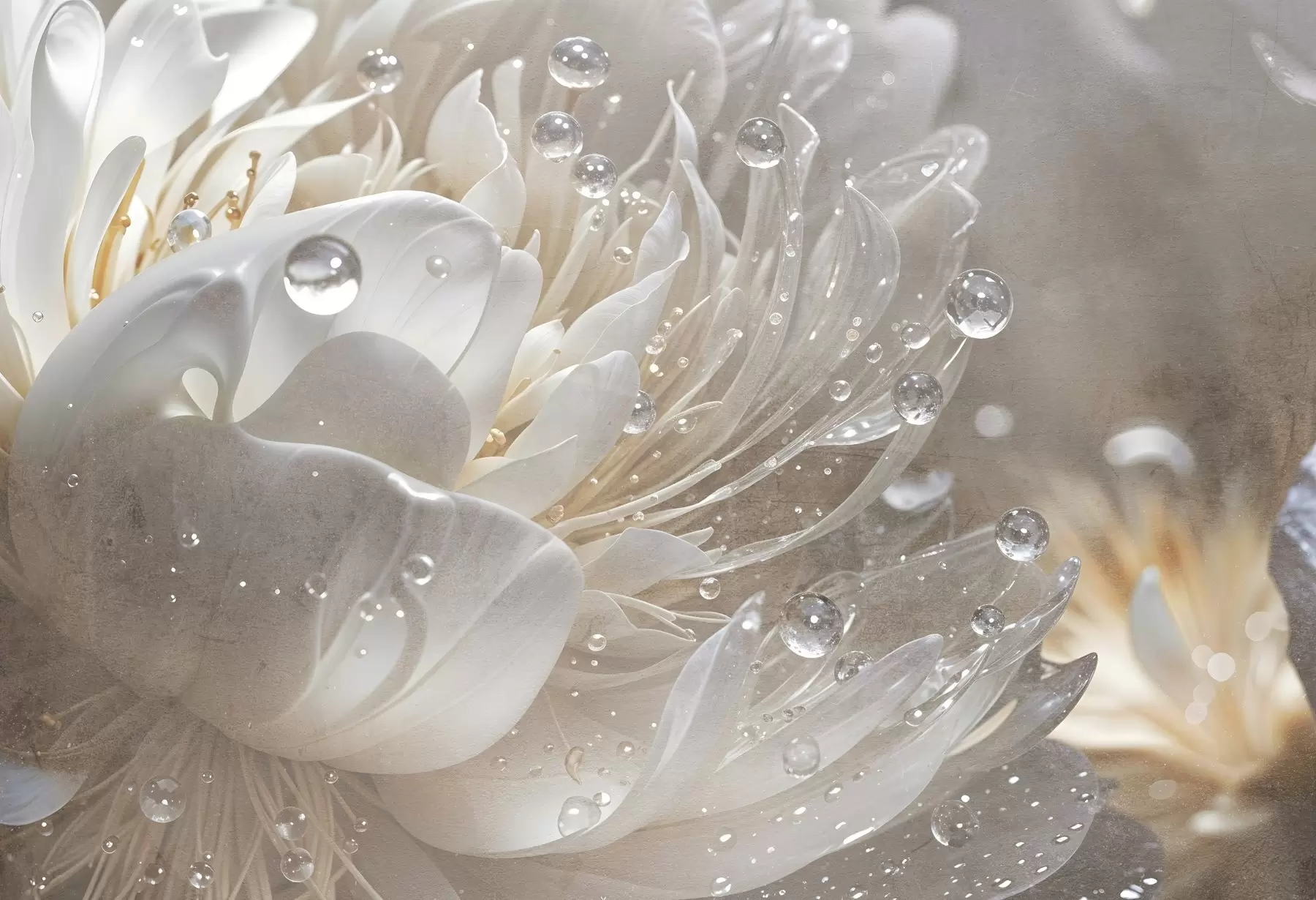 Fototapet Detailní záběr na béžový květ pivoňky s kapkami vody na jemných okvětních lístcích, které vytvářejí jemnou atmosféru w08402