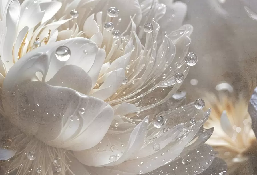 Fototapet Detailní záběr na béžový květ pivoňky s kapkami vody na jemných okvětních lístcích, které vytvářejí jemnou atmosféru w08402