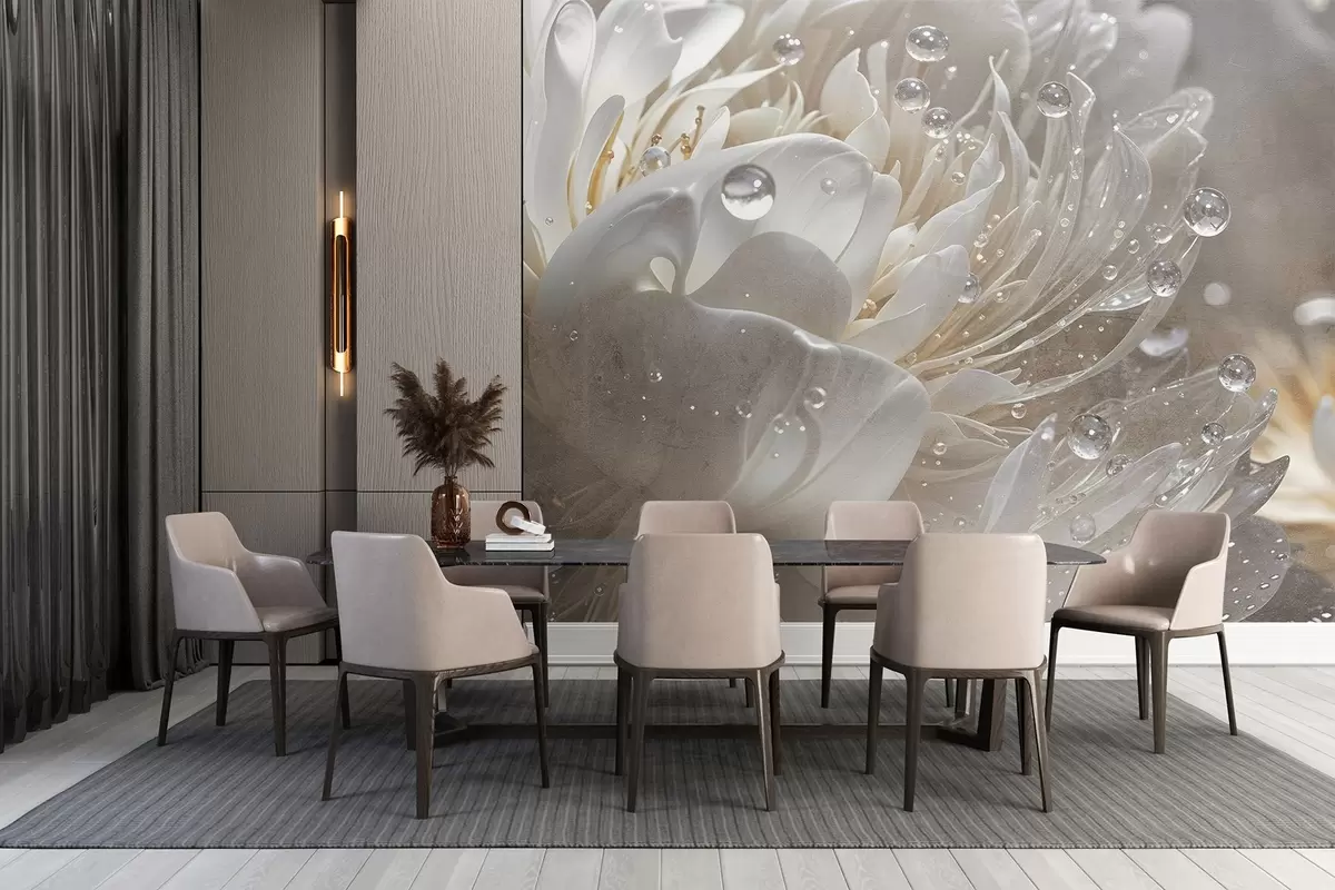 Fototapet Detailní záběr na béžový květ pivoňky s kapkami vody na jemných okvětních lístcích, které vytvářejí jemnou atmosféru w08402