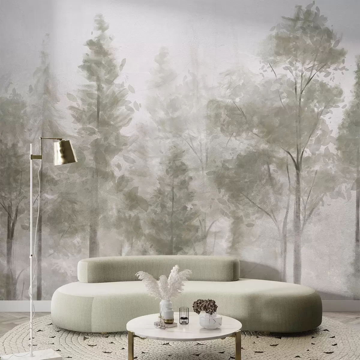 Fototapet Vysoké borovice v mlžném lese s mlhavou atmosférou. w08411