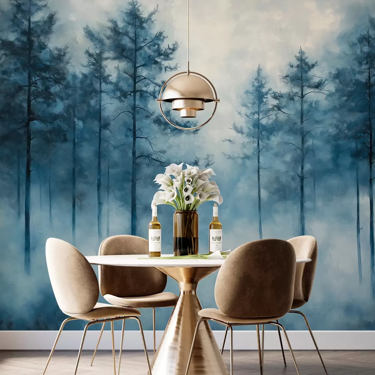 Fototapet Mystický les, borovice, mlha, akrylová barva, tmavě modré barvy w02149