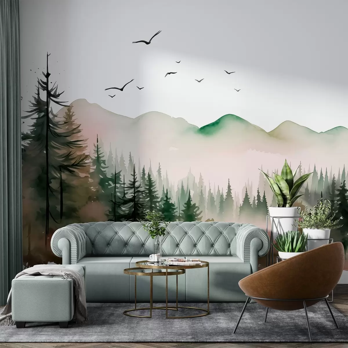 Fototapet Akvarel lesní a horské krajiny, zelené a růžové barvy  w02150v1