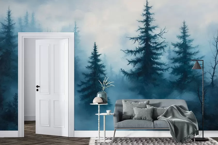 Fototapet Tmavě modrý les, olejomalba, tahy štětcem, příroda w02153