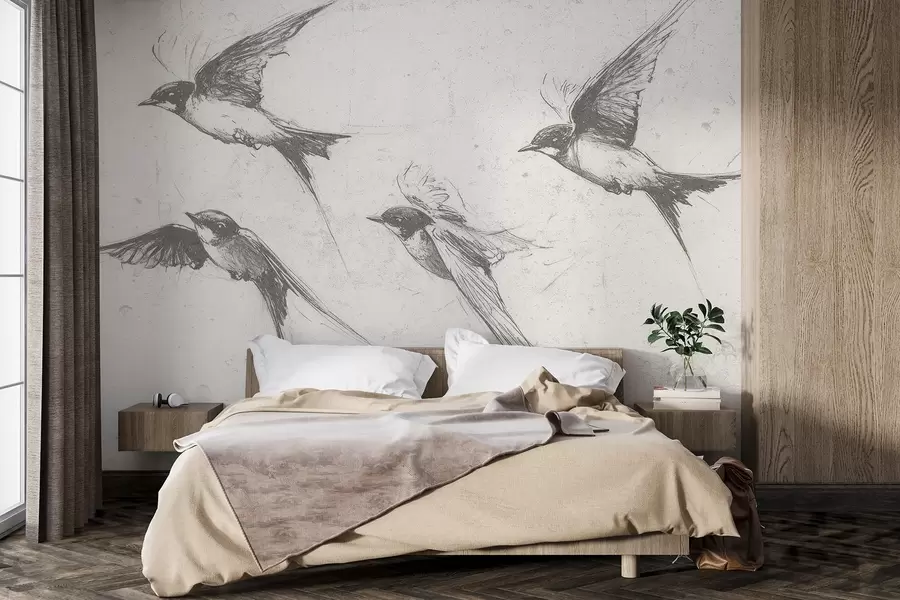 Fototapet Létající ptáci, kresba tuší, minimalismus, šedé barvy w02155