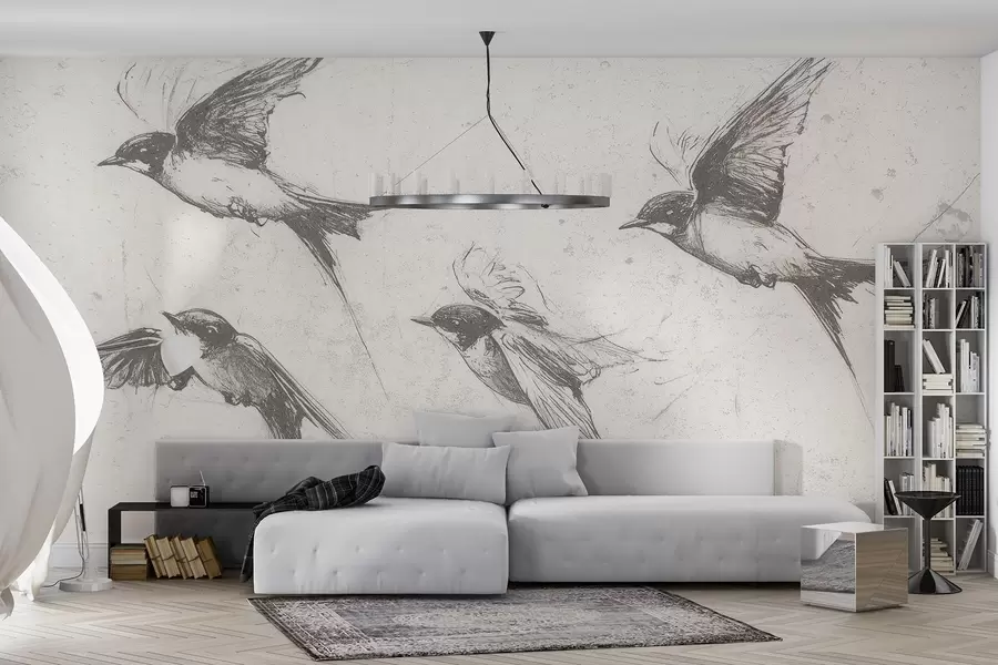 Fototapet Létající ptáci, kresba tuší, minimalismus, šedé barvy w02155
