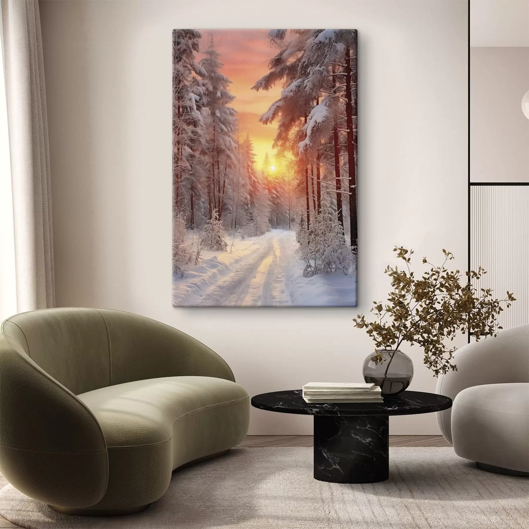 Fototapet Cesta v zimním lese, sníh, borovice, barvy západu slunce s41639