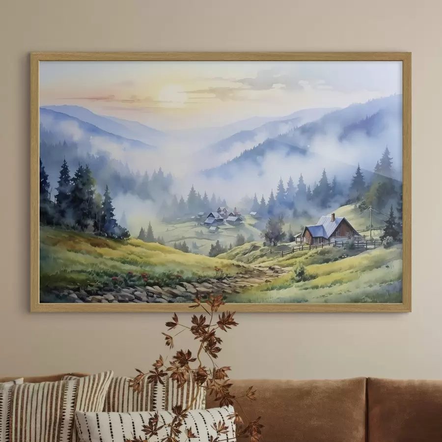 Fototapet Karpatská vesnice v mlžných horách, les, akvarel f41648