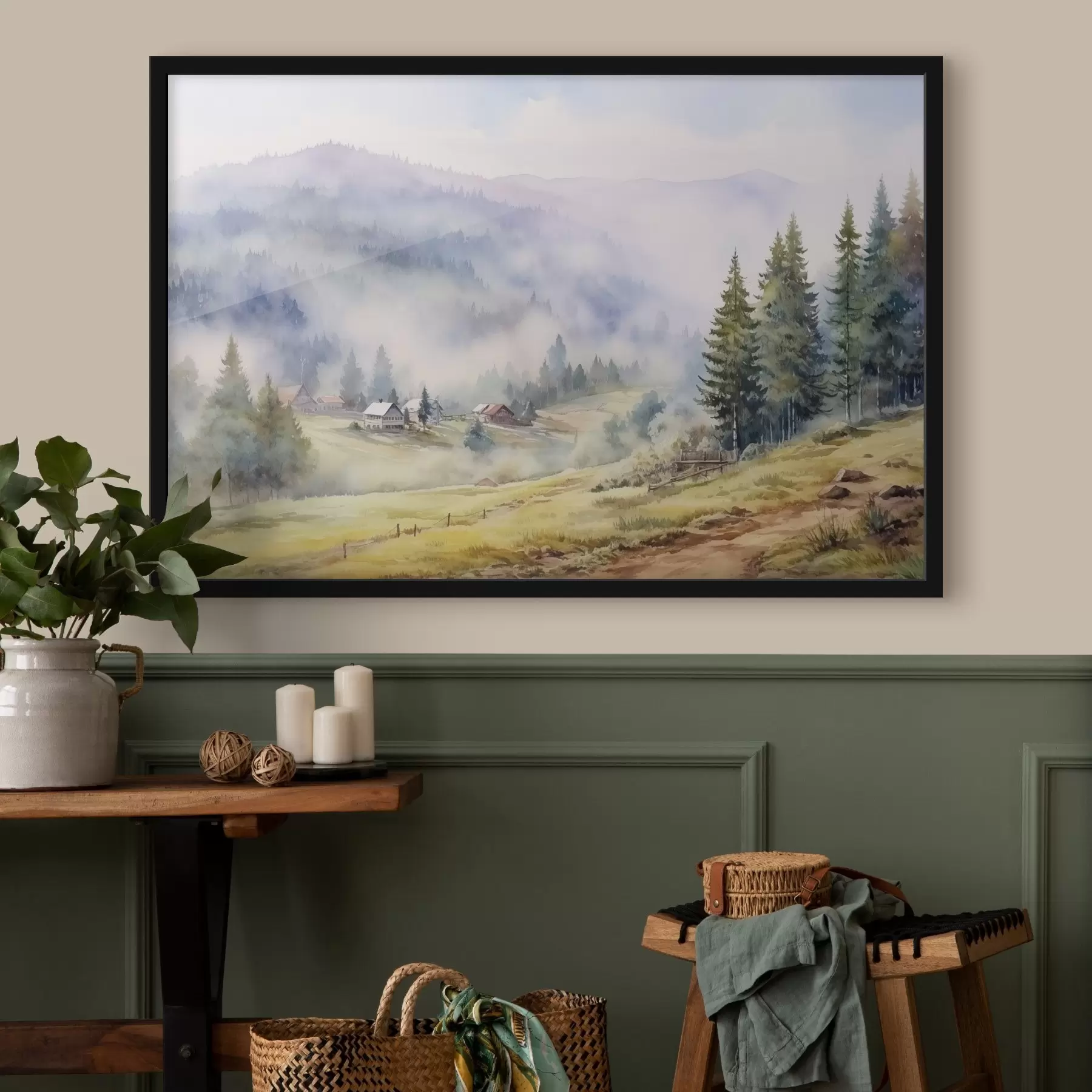 Fototapet Krásné hory, mlhavé lesní krajiny, akvarel, vesnice f41649