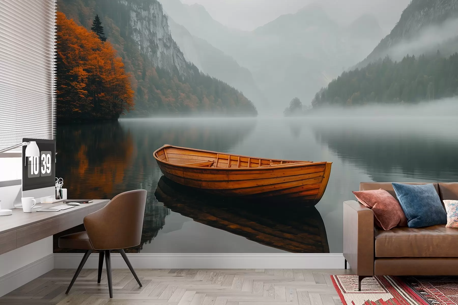 Fototapet Dřevěná loďka pluje po jezeře, obklopená hustou mlhou a horami za ní w02195