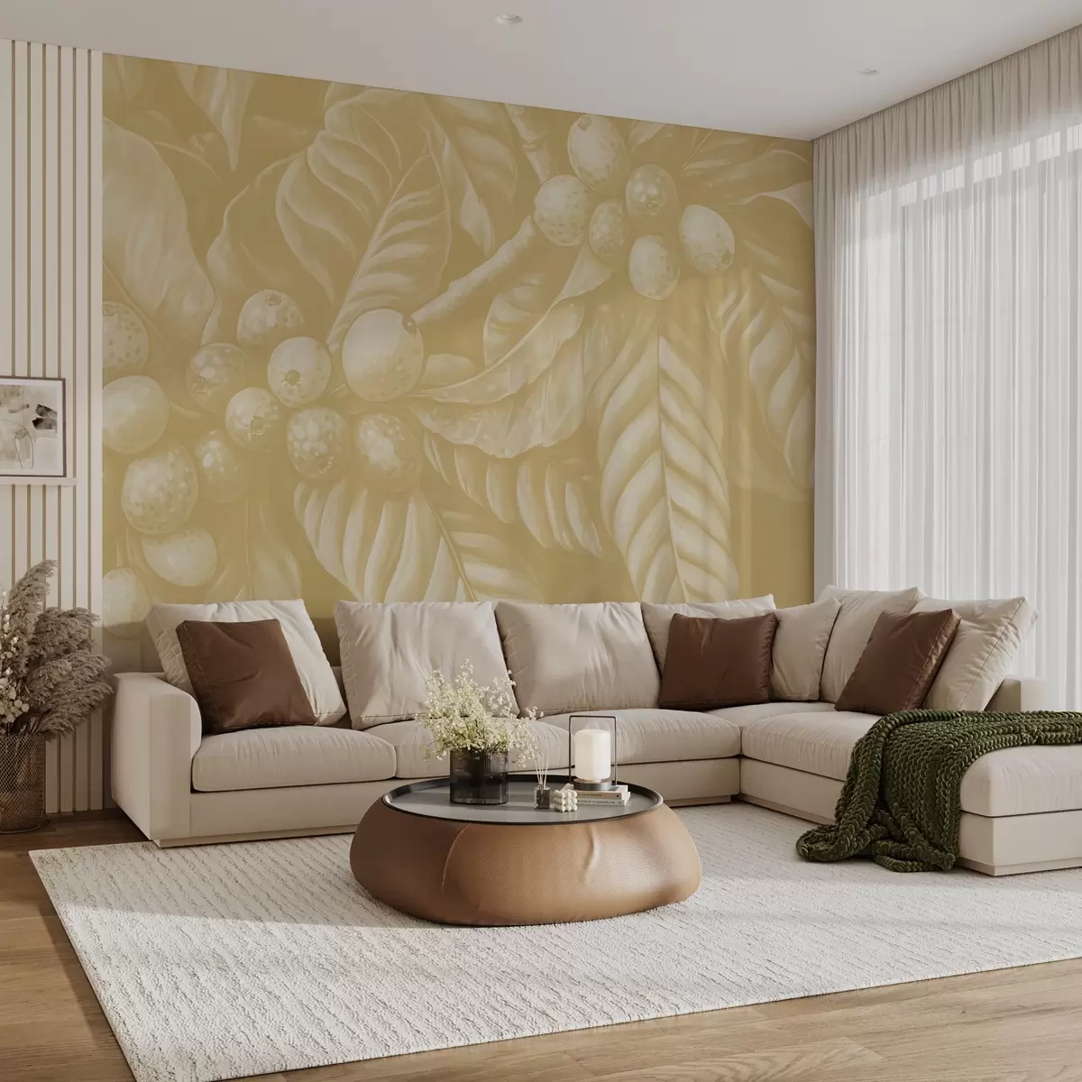 Fototapet Větve kávovníku s plody a tropickými prvky v béžových odstínech w02209v1