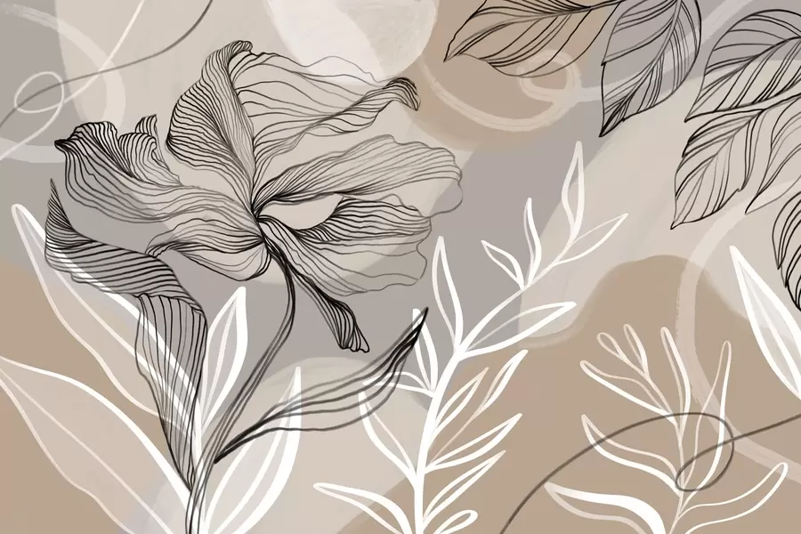 Fototapet Elegantní květinový potisk s velkými abstraktními květy a listy v odstínech šedé a béžové na světlém pozadí w08413