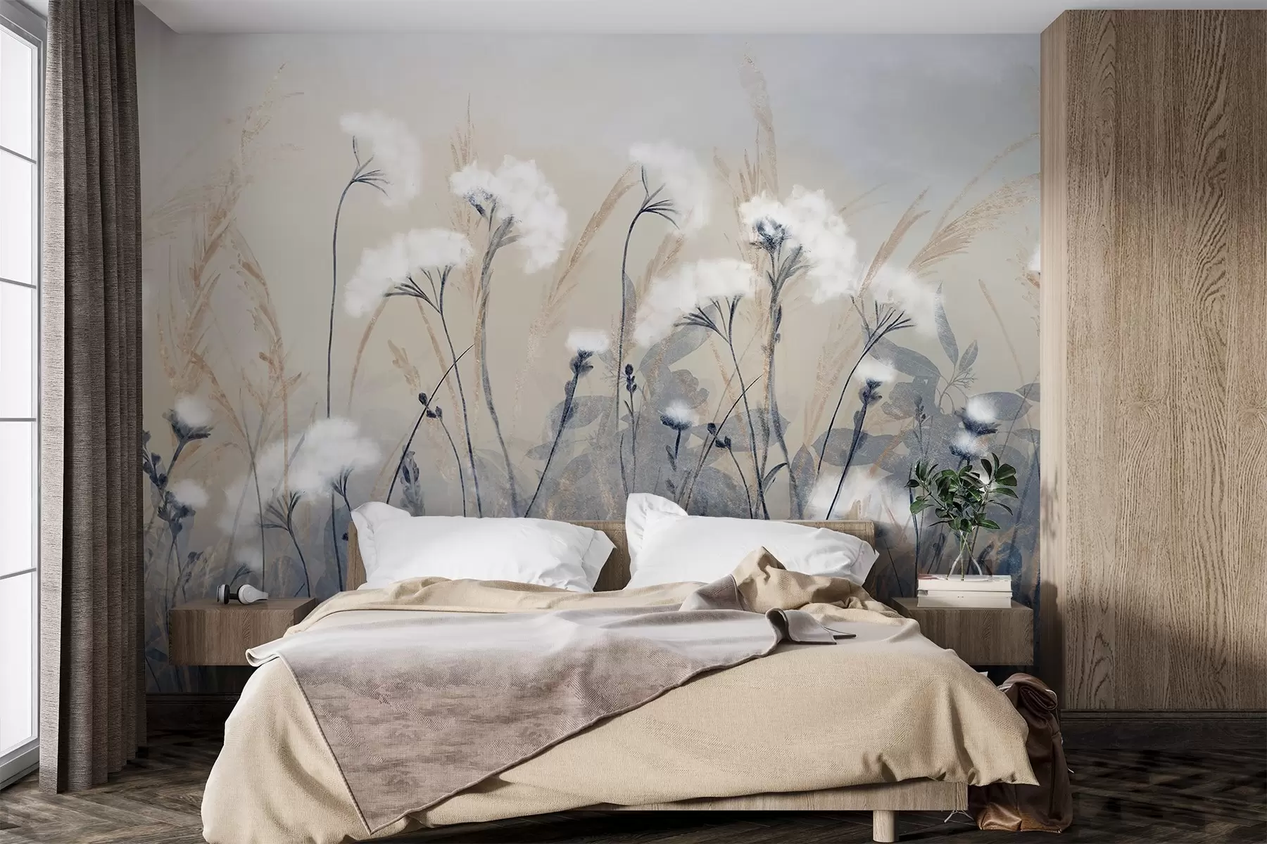 Fototapet Nadýchaná bílá bavlněná tráva na rozmazaném texturním pozadí s jemnou, mlhavou a klidnou atmosférou w08416