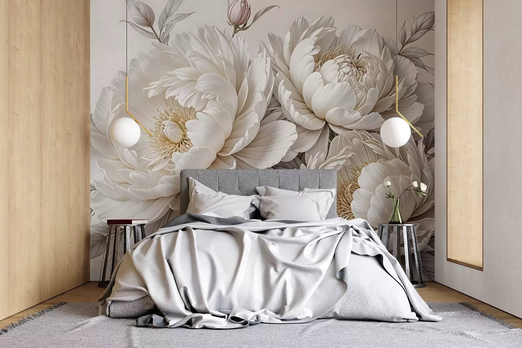 Fototapet Jemné pastelově bílé pivoňky se svěžími listy na jemném neutrálním pozadí w08420