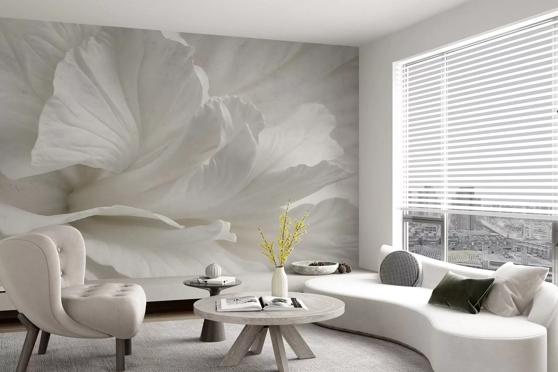 Fototapet Abstraktní minimalistický potisk jemného bílého květu s měkkými, sametovými okvětními lístky w08424