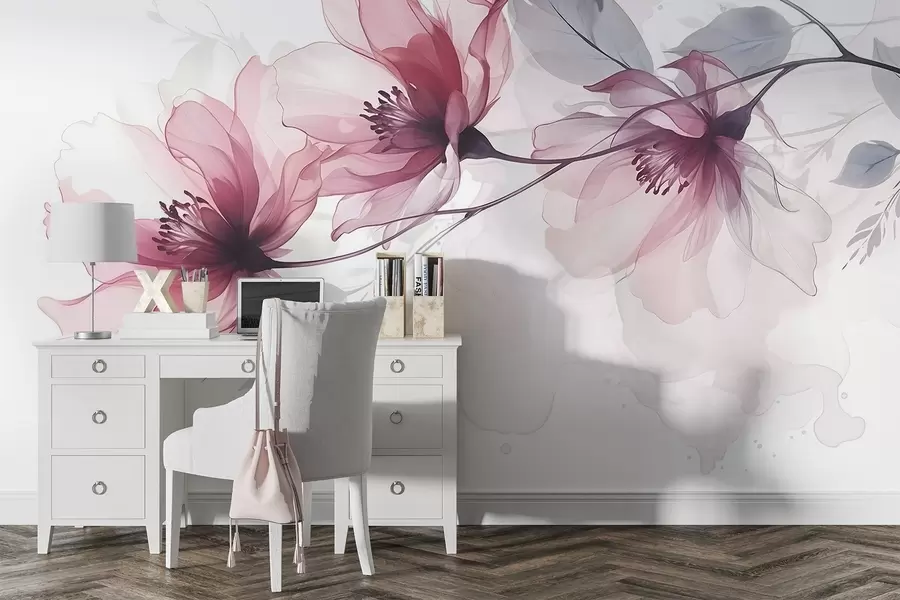 Fototapet Jemné průhledné růžové a šedé květy s jemnými, rozmazanými okvětními lístky na bílém pozadí w08429