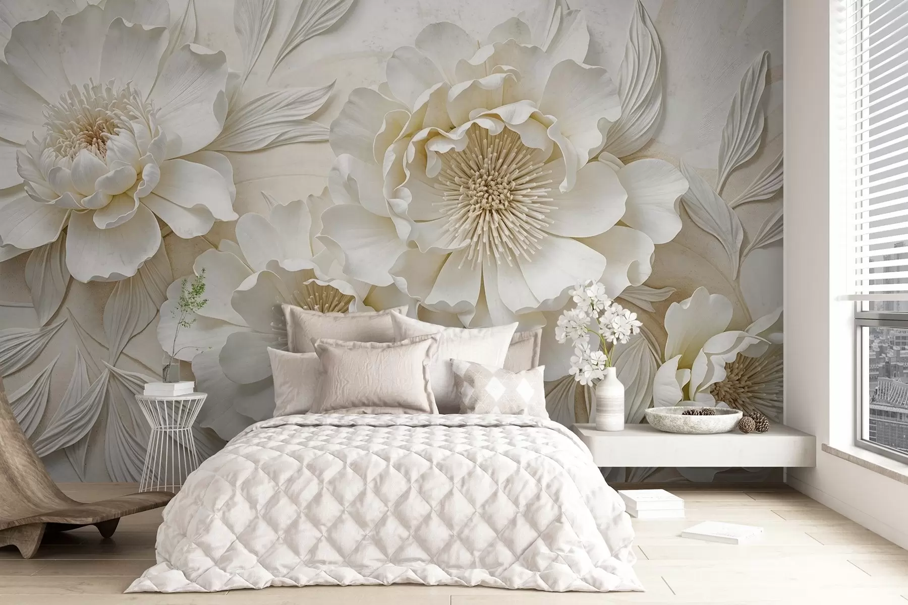 Fototapet Elegantní objemné květy imitace bílé pivoňky s jemnými okvětními lístky a pastelově žlutými středy na světlém pozadí w08431