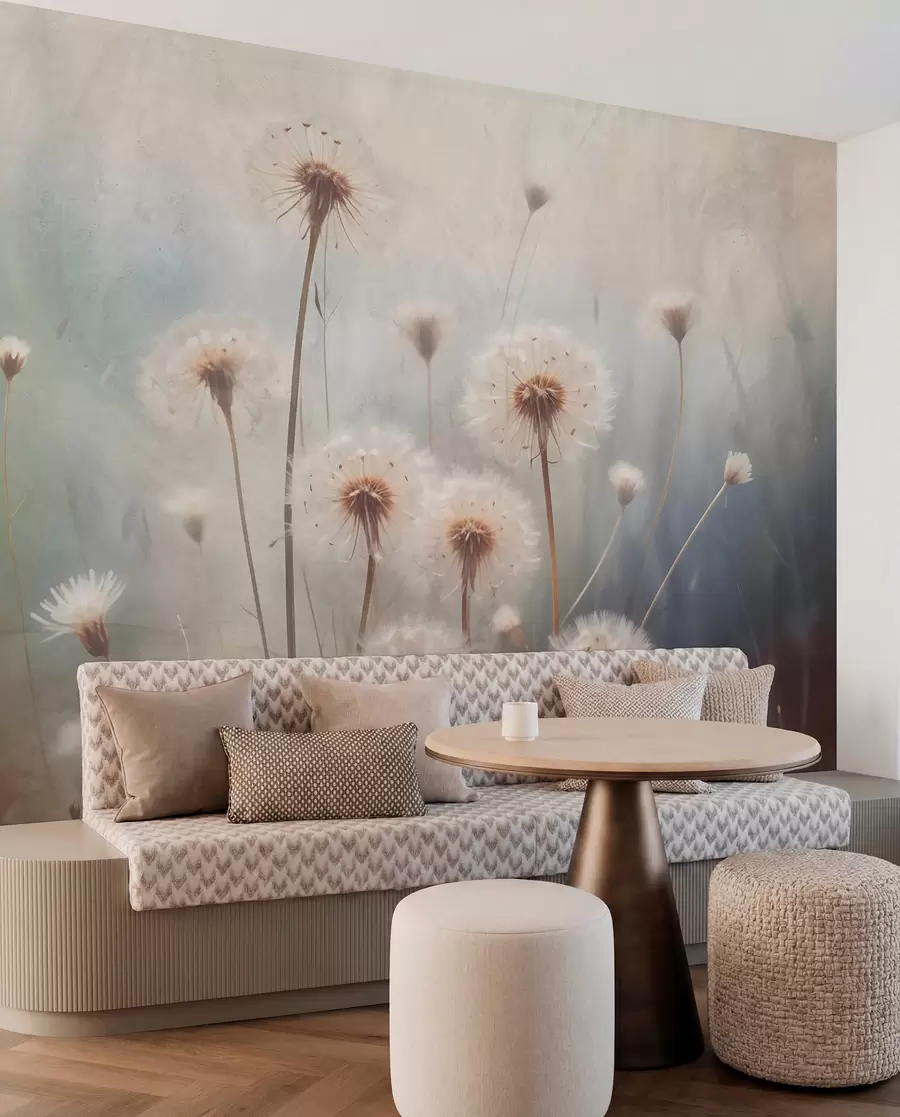 Fototapet Měkce zaostřené květy pampelišek v poli s rozmazaným pastelově zbarveným texturovaným pozadím w08432
