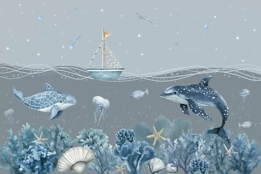Fototapet Mořský život, akvarel styl, korály, loď, delfín, medúzy, hvězdná obloha, měkké modré barvy w02310v3