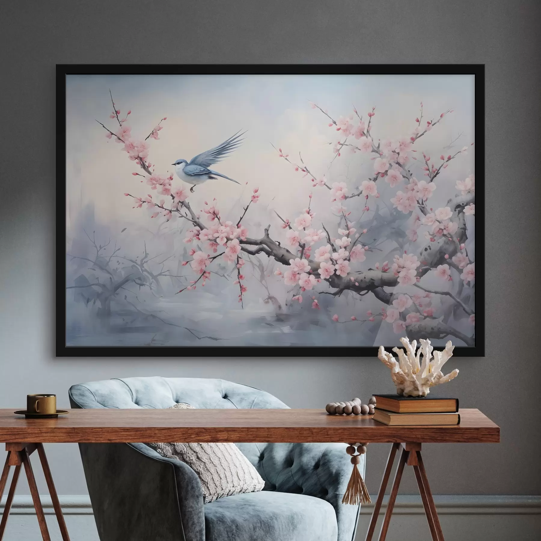 Fototapet Modrý pták letící mezi růžovými květy třešní na mlhavém jarním tlumeném pozadí f41712