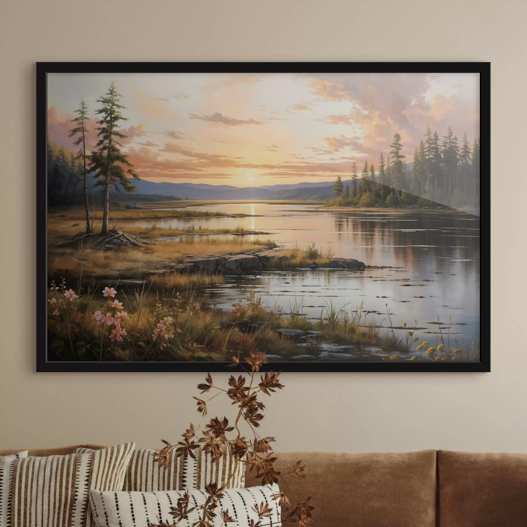 Fototapet Klidná krajina s jezerem obklopeným borovicemi, v němž se odrážejí teplé barvy oblohy při západu slunce f41733