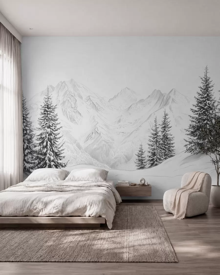 Fototapet Zasněžené hory, kresba tužkou, minimalismus, les, příroda w02351