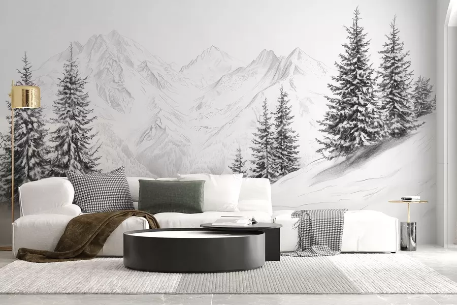 Fototapet Zasněžené hory, kresba tužkou, minimalismus, les, příroda w02351