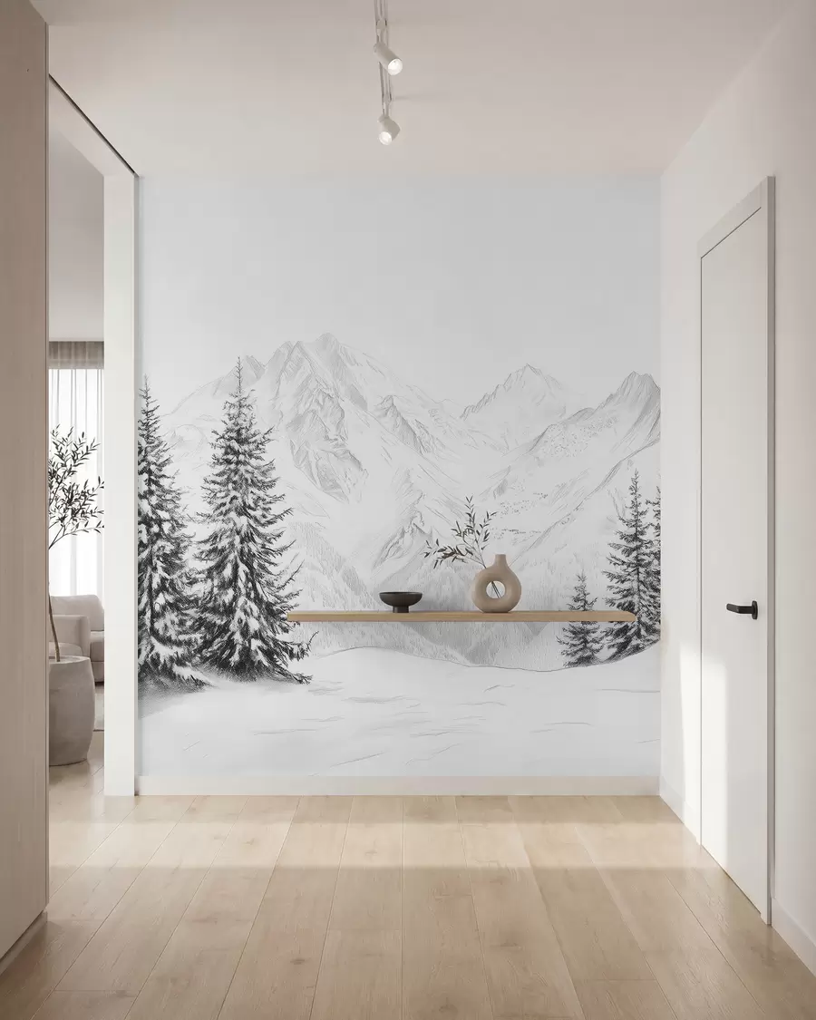 Fototapet Zasněžené hory, kresba tužkou, minimalismus, les, příroda w02351