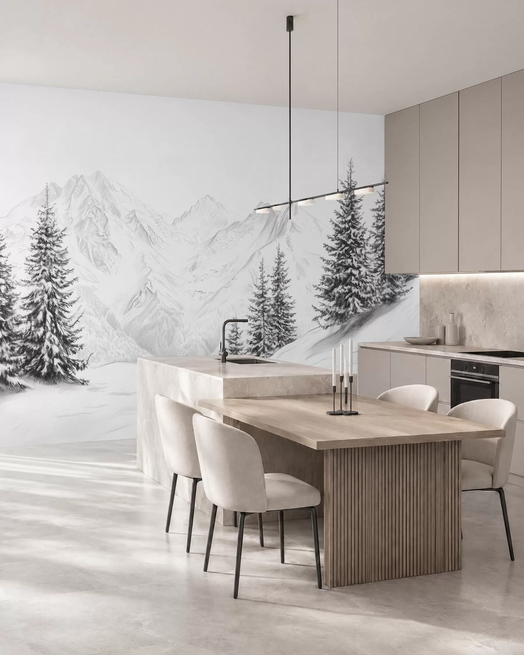 Fototapet Zasněžené hory, kresba tužkou, minimalismus, les, příroda w02351