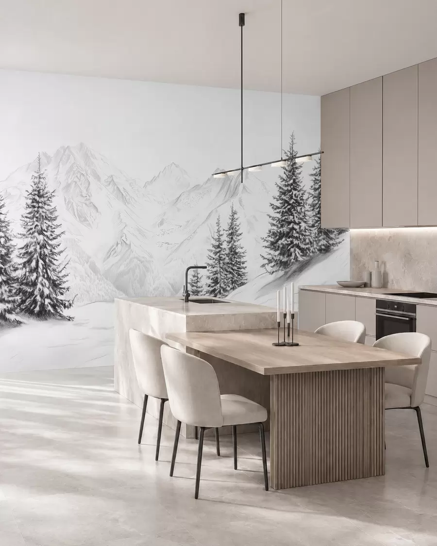 Fototapet Zasněžené hory, kresba tužkou, minimalismus, les, příroda w02351