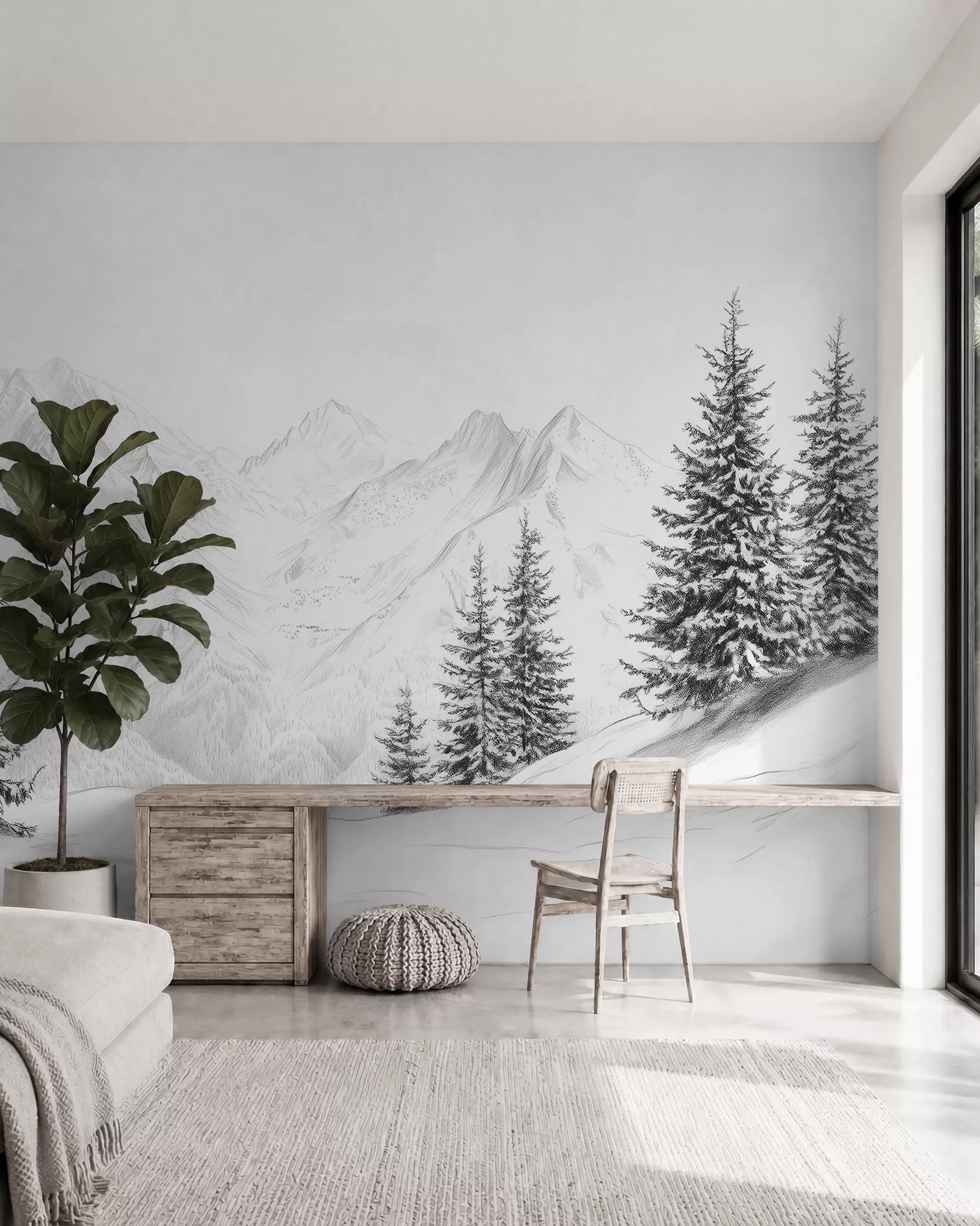 Fototapet Zasněžené hory, kresba tužkou, minimalismus, les, příroda w02351