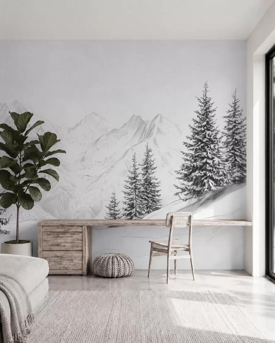 Fototapet Zasněžené hory, kresba tužkou, minimalismus, les, příroda w02351