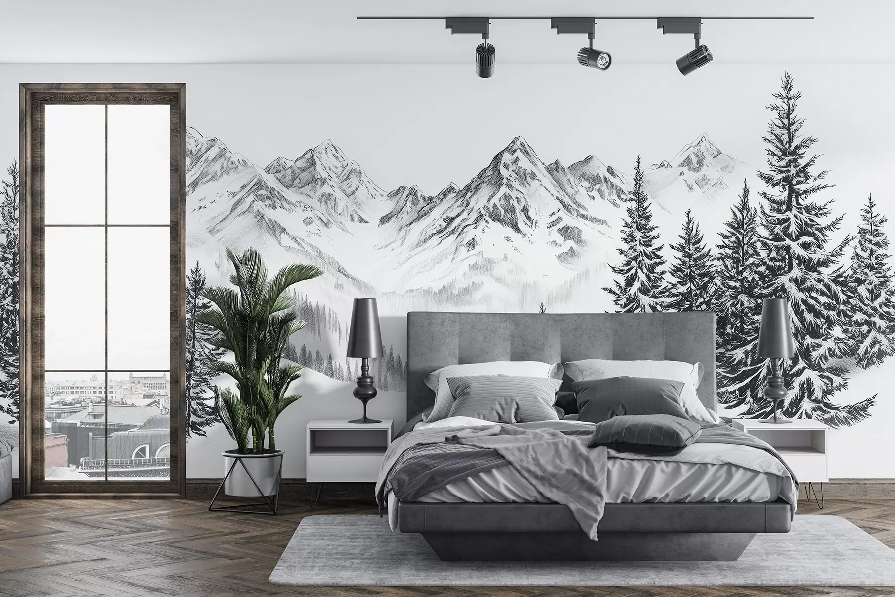 Fototapet Alpské hory na sněhu, styl tužky, minimalismus w02352