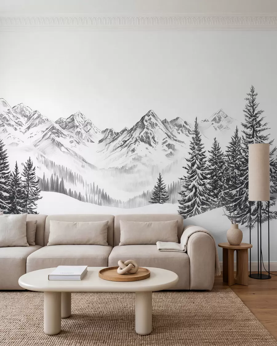 Fototapet Alpské hory na sněhu, styl tužky, minimalismus w02352