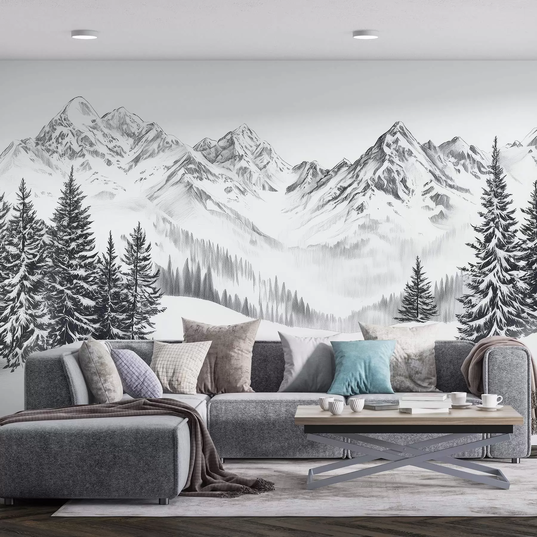 Fototapet Alpské hory na sněhu, styl tužky, minimalismus w02352