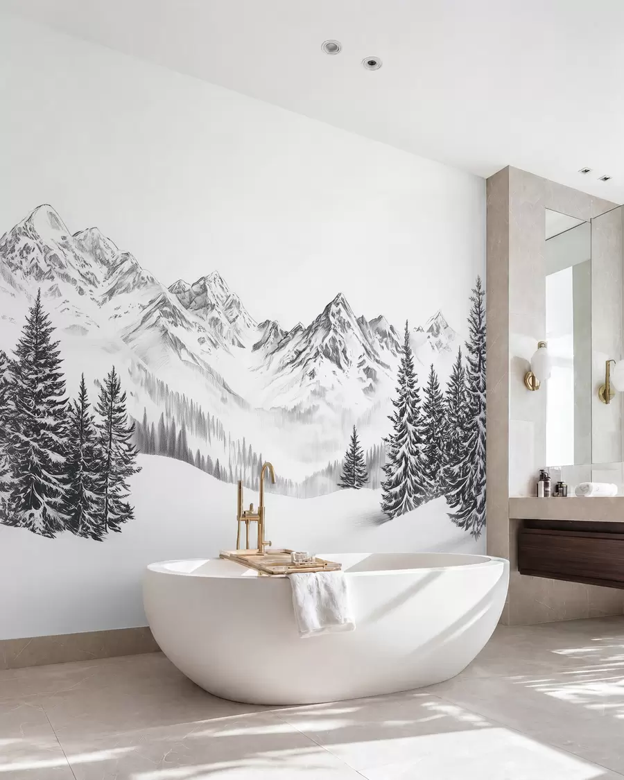 Fototapet Alpské hory na sněhu, styl tužky, minimalismus w02352