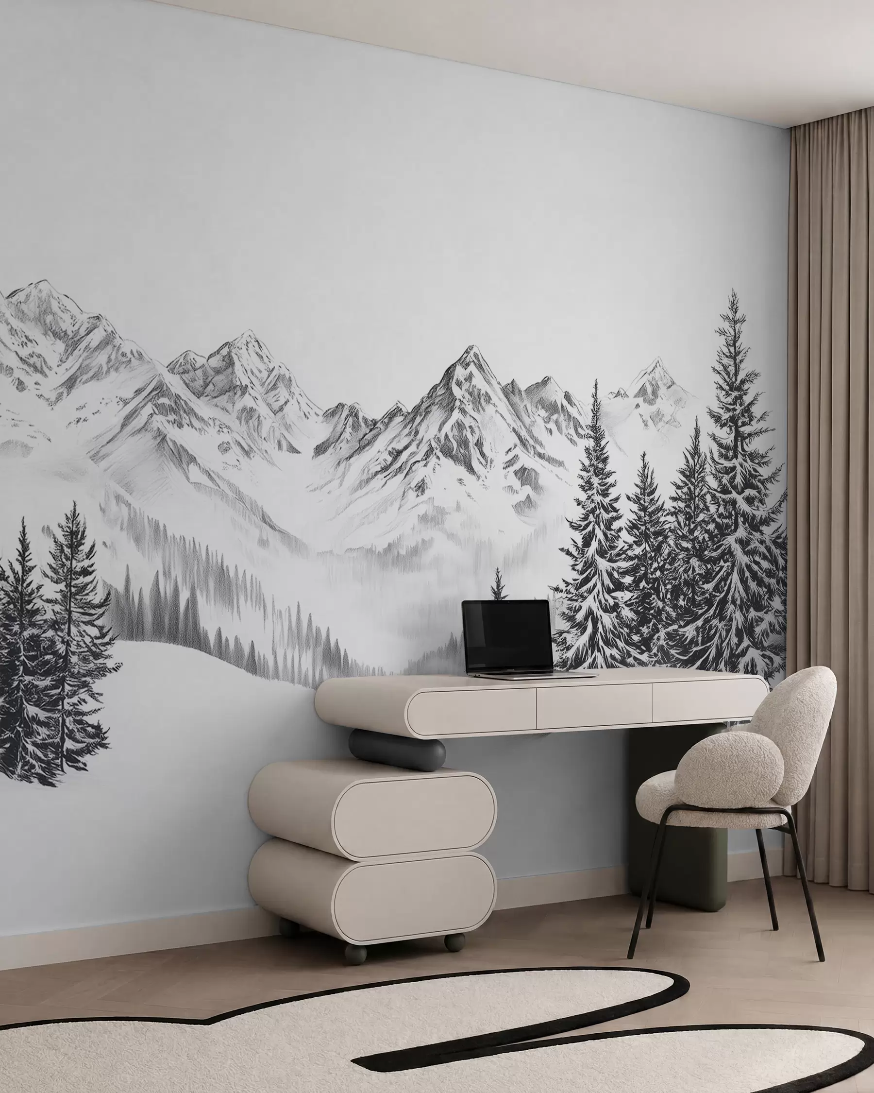 Fototapet Alpské hory na sněhu, styl tužky, minimalismus w02352
