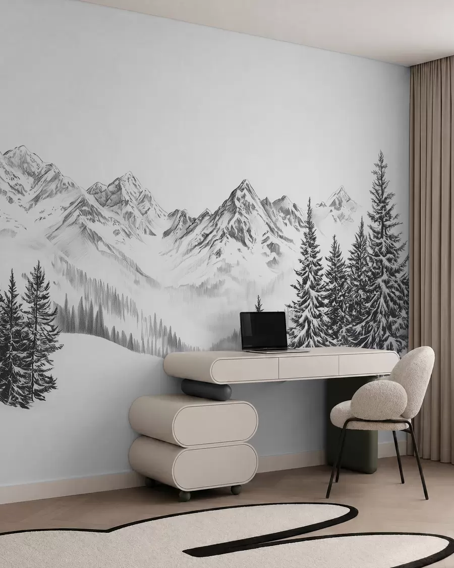Fototapet Alpské hory na sněhu, styl tužky, minimalismus w02352
