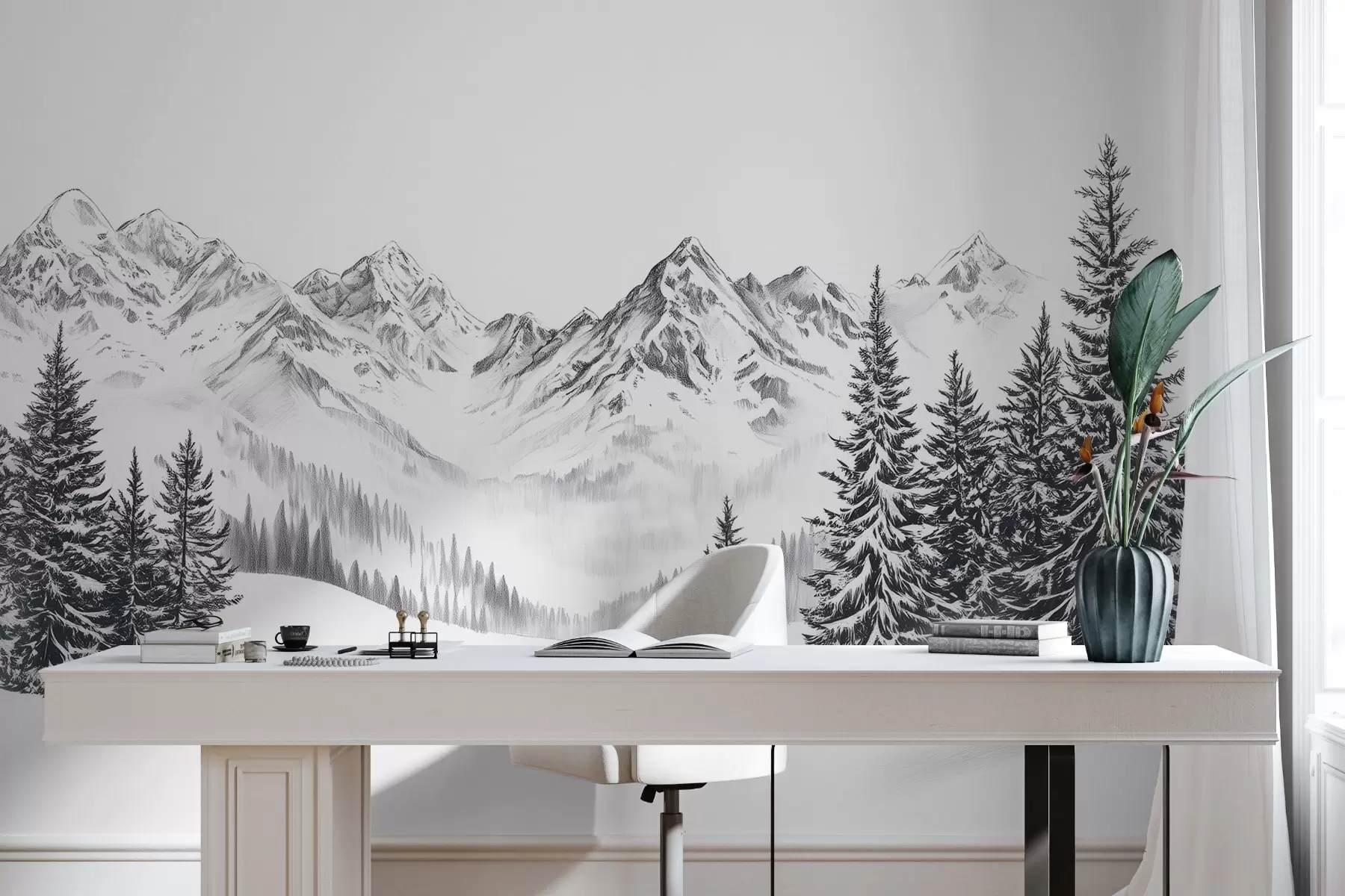 Fototapet Alpské hory na sněhu, styl tužky, minimalismus w02352