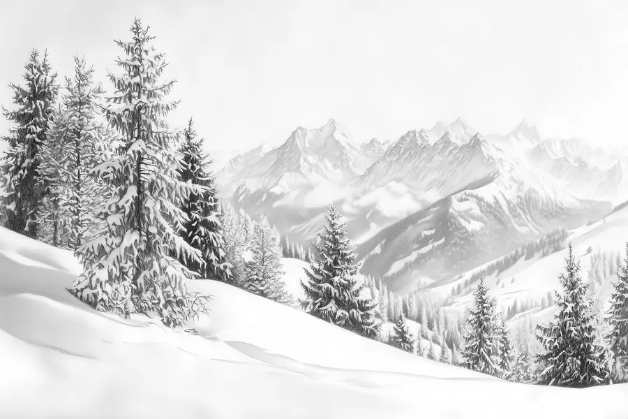 Fototapet Zima v horách, les, Alpy, kresba tužkou, přírodní krajiny w02353