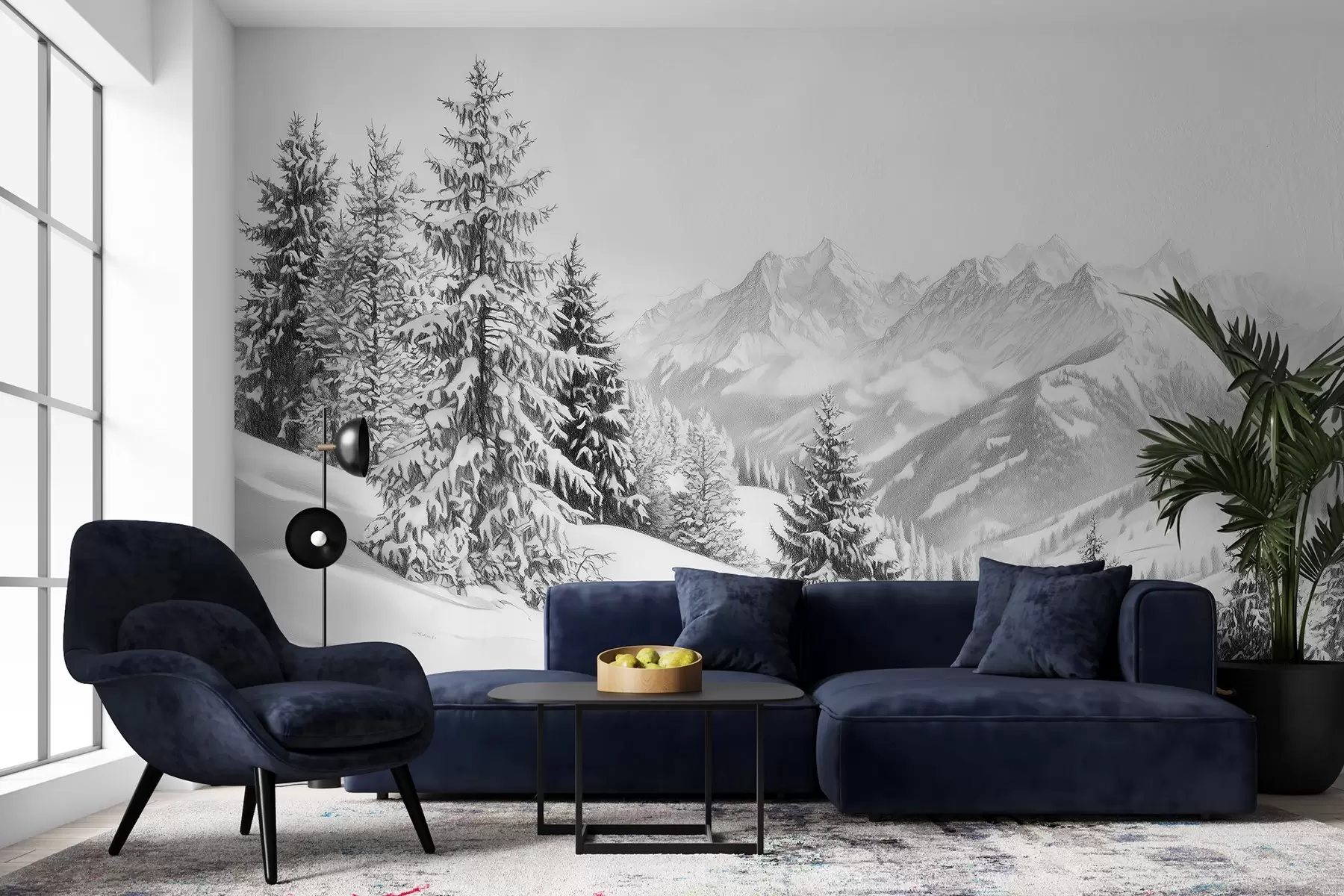 Fototapet Zima v horách, les, Alpy, kresba tužkou, přírodní krajiny w02353