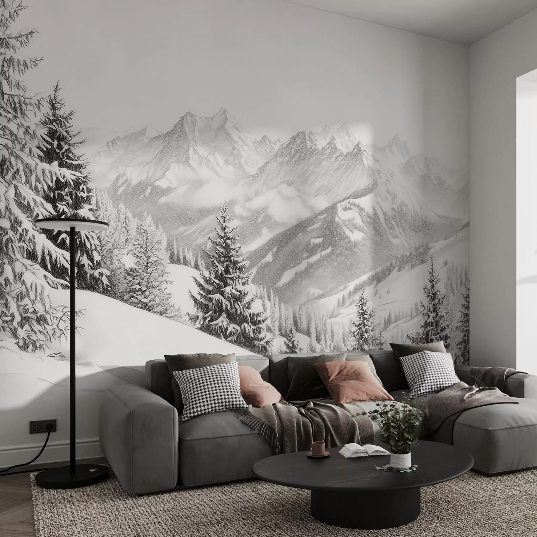 Fototapet Zima v horách, les, Alpy, kresba tužkou, přírodní krajiny w02353